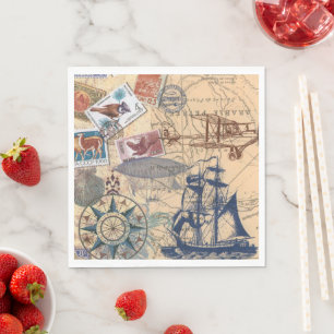 Vintage Collection of Stamps, Sailboat, Paper Napkin