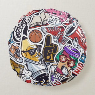 Vintage college colourful seamless pattern with fa round pillow