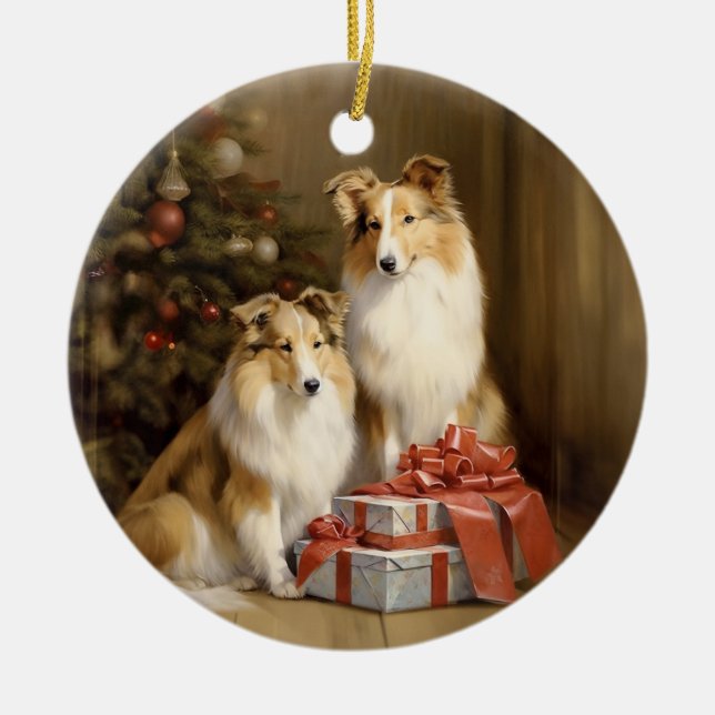 Vintage Collie Christmas Ceramic Ornament (Front)