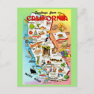 Vintage Colorful California Map  Postcard
