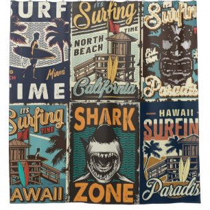Vintage colorful surfing posters set with surf bus