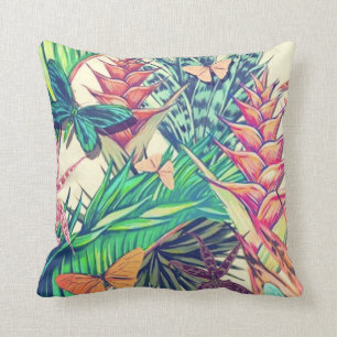 Vintage colorful tropical botanical floral and but throw pillow