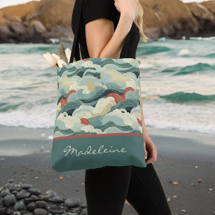Vintage Colour Japanese Inspired Waves and Monogra Tote Bag