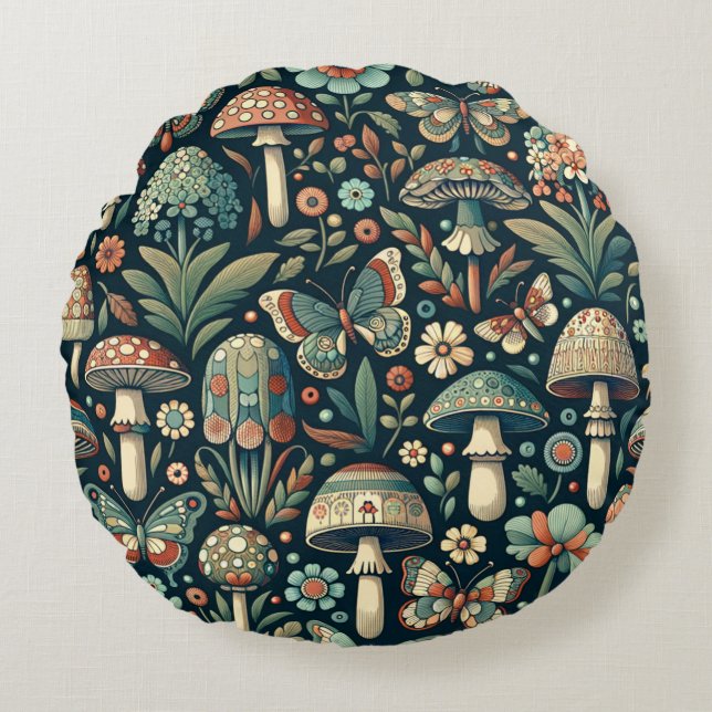Vintage Coloured Butterflies, Mushrooms and Foliag Round Pillow (Front)