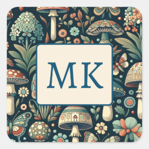Vintage Coloured Butterflies, Mushrooms and Foliag Square Sticker