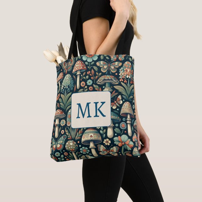 Vintage Coloured Butterflies, Mushrooms and Foliag Tote Bag (Close Up)