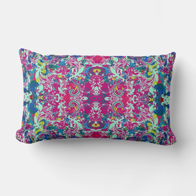 Vintage colourful abstract floral lumbar pillow (Front)