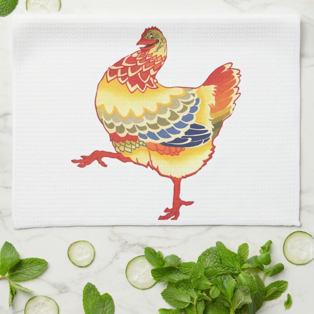 Vintage Colourful Barnyard Chicken from Farm Kitchen Towel (Folded)