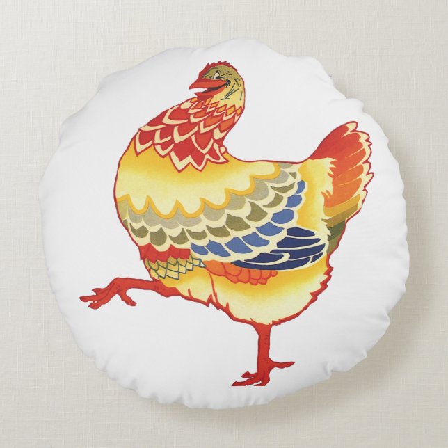 Vintage Colourful Barnyard Chicken from Farm Round Pillow (Back)