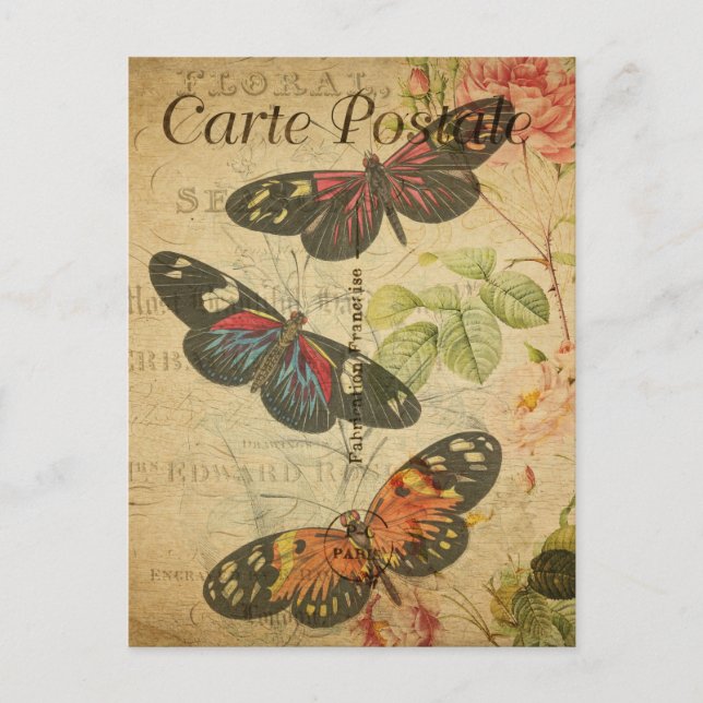 Vintage Colourful butterflies Floral Flowers Frenc Postcard (Front)