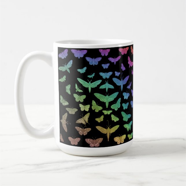 Vintage colourful butterflies moths insects black coffee mug (Left)
