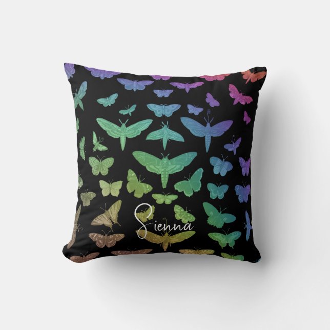 Vintage colourful butterflies moths insects black throw pillow (Front)