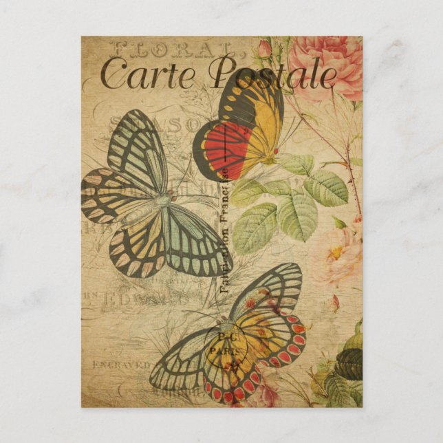 Vintage Colourful Butterflies Pink Roses French Postcard (Front)