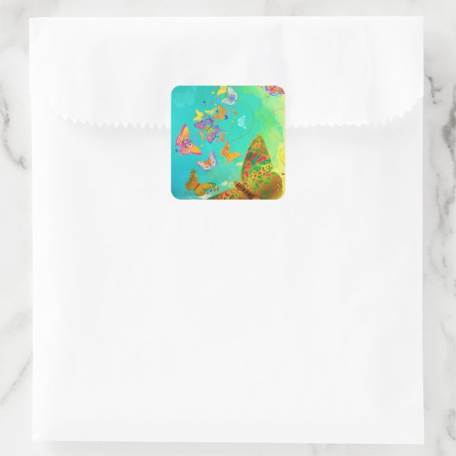 Vintage Colourful Butterfly Gold Glitter Watercolo Square Sticker (Bag)