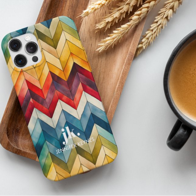 Vintage Colourful Chevron Monogram rainbow iPhone Case (WATERCOLOR CHEVRON RAINBOW VINTAGE RETRO COLORFUL WITH BIG BOLD MONOGRAM. ADD YOUR NAME)