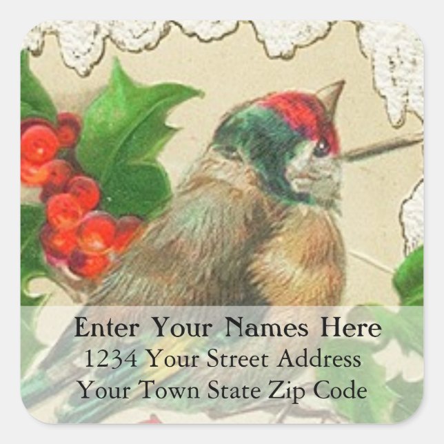 Vintage Colourful Christmas Bird Address Label (Front)