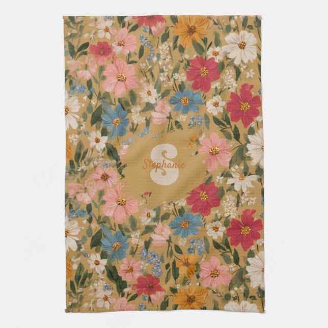 Vintage Colourful Daisy Pattern - Mustard Kitchen Towel (Vertical)