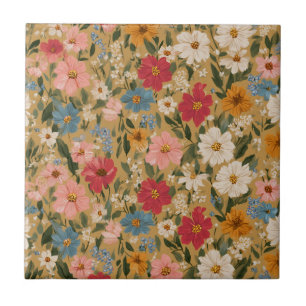 Vintage Colourful Daisy Pattern - Mustard Tile