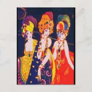Vintage Colourful Deco Women with Jewellery Postcard