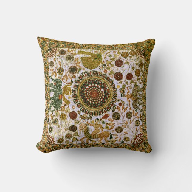 Vintage Colourful Fine Bengali Elephant Pattern Throw Pillow (Front)