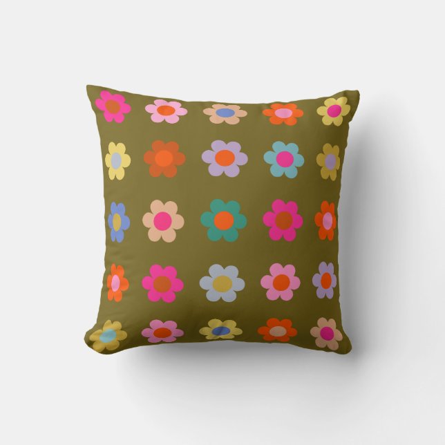 Vintage Colourful Floral Abstract Retro Flowers Throw Pillow (Front)