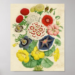 Vintage Colourful Floral Bouquet Wreath Art Poster