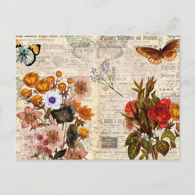 Vintage Colourful Floral Decoupage Postcard (Front)