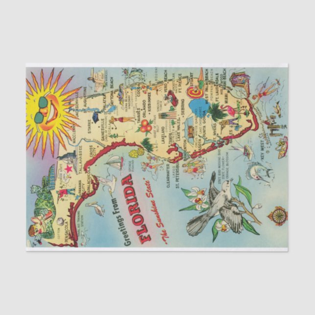 Vintage Colourful Florida Postacard Map  Tissue Paper (Front)