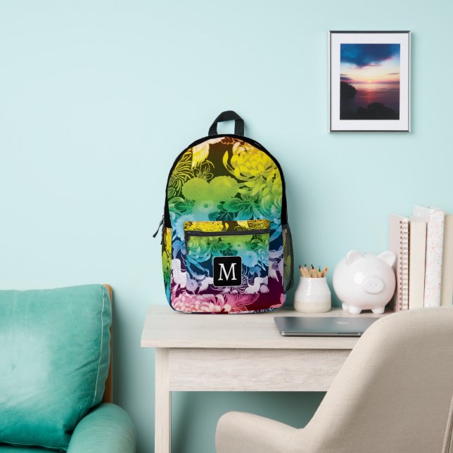 Vintage colourful flowers birds custom Monogram Printed Backpack (Insitu)