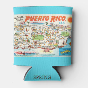 Vintage Colourful Map of Puerto Rico Can Cooler