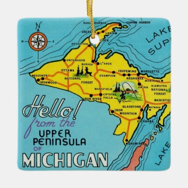 Vintage Colourful Michigan Map  Ceramic Ornament (Front)