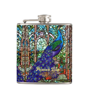 Vintage Colourful Peacock Stained Glass Hip Flask