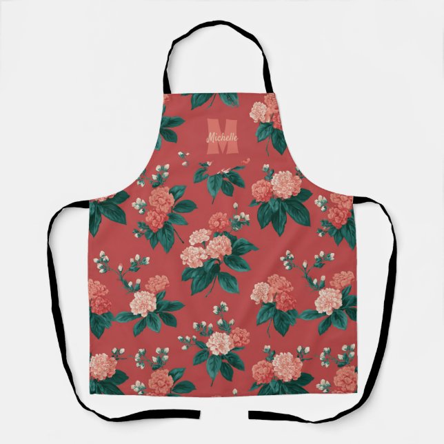 Vintage Colourful Peony Pattern - Maroon Backgroun Apron (Front)
