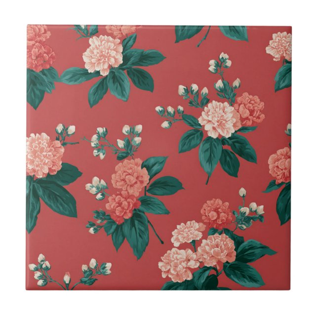 Vintage Colourful Peony Pattern - Maroon Backgroun Tile (Front)