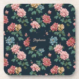 Vintage Colourful Peony Pattern on Black Backgroun Coaster