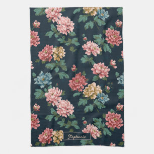 Vintage Colourful Peony Pattern on Black Backgroun Kitchen Towel