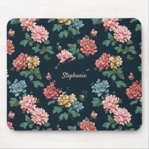 Vintage Colourful Peony Pattern on Black Backgroun Mouse Pad