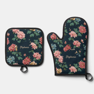 Vintage Colourful Peony Pattern on Black Backgroun Oven Mitt & Pot Holder Set