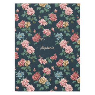 Vintage Colourful Peony Pattern on Black Backgroun Tablecloth