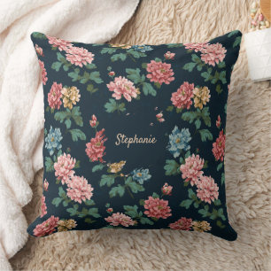Vintage Colourful Peony Pattern on Black Backgroun Throw Pillow