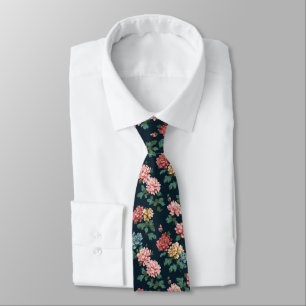 Vintage Colourful Peony Pattern on Black Backgroun Tie