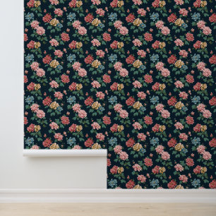 Vintage Colourful Peony Pattern on Black Backgroun Wallpaper