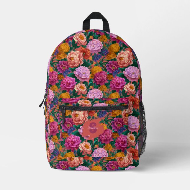 Vintage Colourful Peony Pattern Printed Backpack (Front)