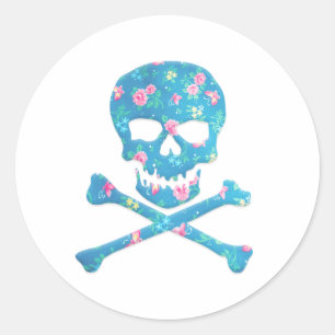 Vintage Colourful Skull With Pink And Blue Flowers Classic Round Sticker