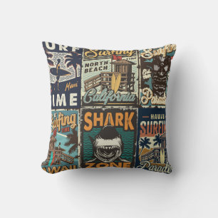 Vintage colourful surfing posters set with surf bu throw pillow
