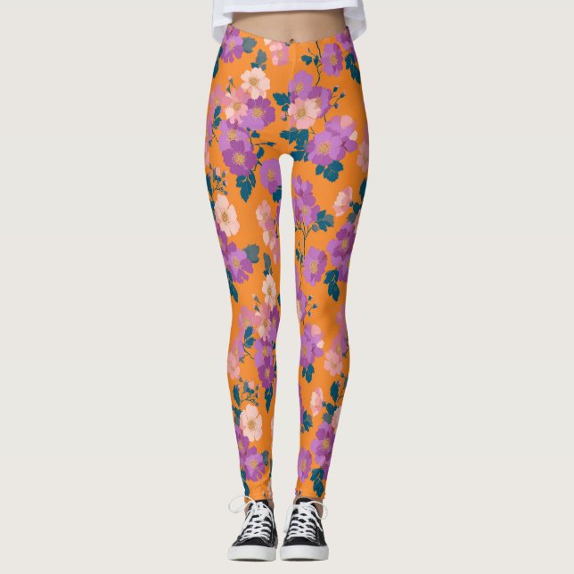 Vintage Colourful Wild Roses Pattern Leggings (Front)
