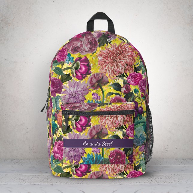 Vintage colourful yellow Floral monogrammed Printed Backpack (Creator Uploaded)