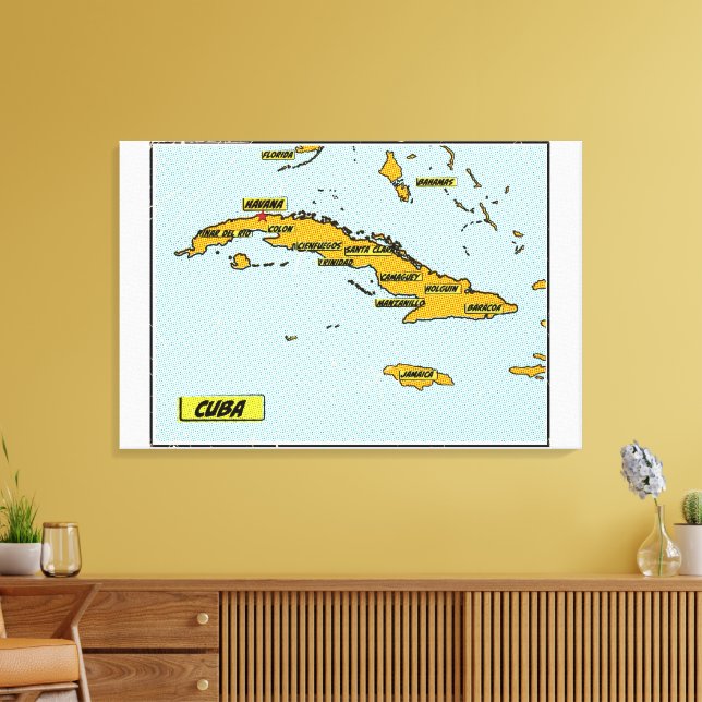 Vintage Comic Book Map Of Cuba Canvas Print (Insitu(LivingRoom))