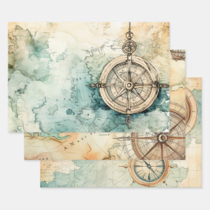 Vintage Compass and Old Map Nautical  Wrapping Paper Sheet