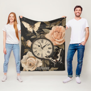 Vintage Compass Butterfly Floral Brown Fleece Blanket
